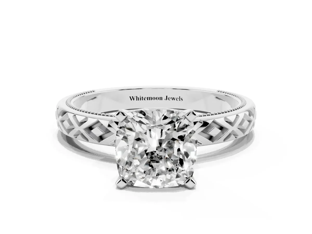 Cushion Cut Solitaire Diamond Ring with Milgrain and Black Enamel X Pattern Band Silver