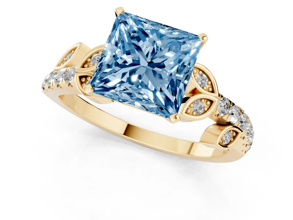 Fancy Blue Princess Cut Solitaire Leaf-Inspired Diamond Ring with Pavé Band and Four-Prong Setting Yellow gold