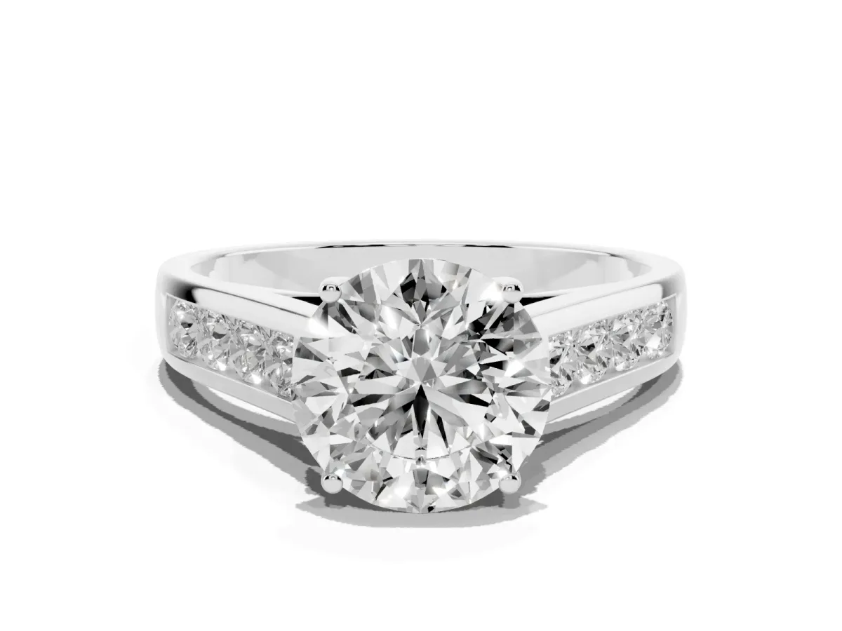 Round Cut Solitaire Channel-Set Diamond Engagement Ring with Four-Prong Setting Silver