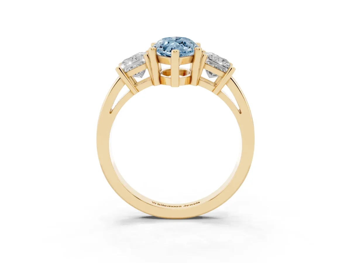 Fancy Blue Three-Stone Marquise Cut Cut Solitaire Ring with Prong Setting Yellow gold