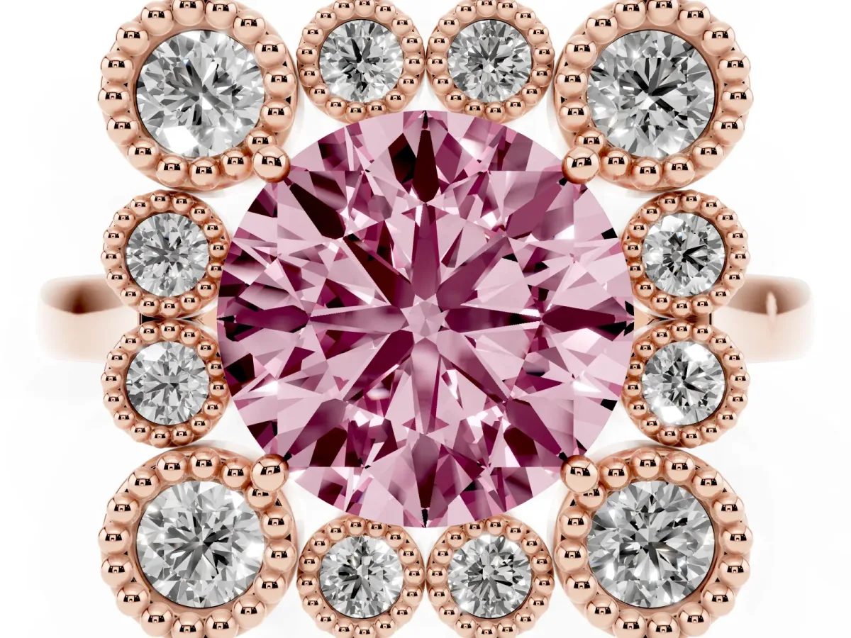 Fancy Pink Round Cut Halo Diamond Cluster Engagement Ring with Milgrain Bezel Setting and Solitaire Band Rose gold