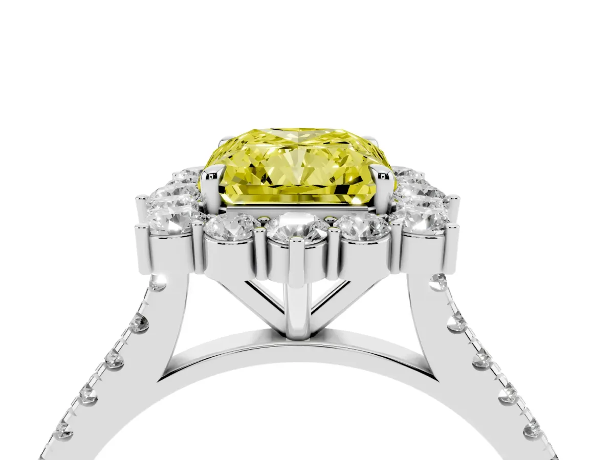 Fancy Yellow Radiant Cut Halo Diamond Ring with Pavé Band and Prong Setting Platinum