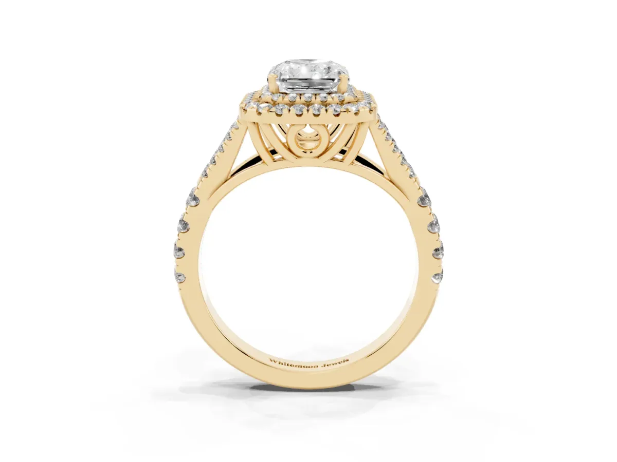Double Halo Radiant Cut Diamond Split Shank Engagement Ring with Four-Prong Setting Yellow gold
