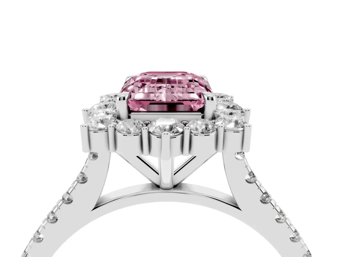 Fancy Pink Emerald Cut Halo Diamond Ring with Pavé Band and Prong Setting Silver