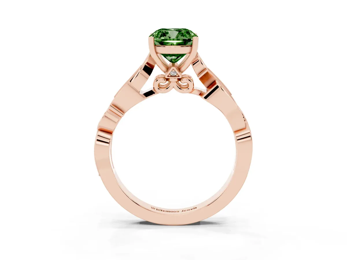 Fancy Green Cushion Cut Solitaire Vine Band with Milgrain Prong Setting Rose gold