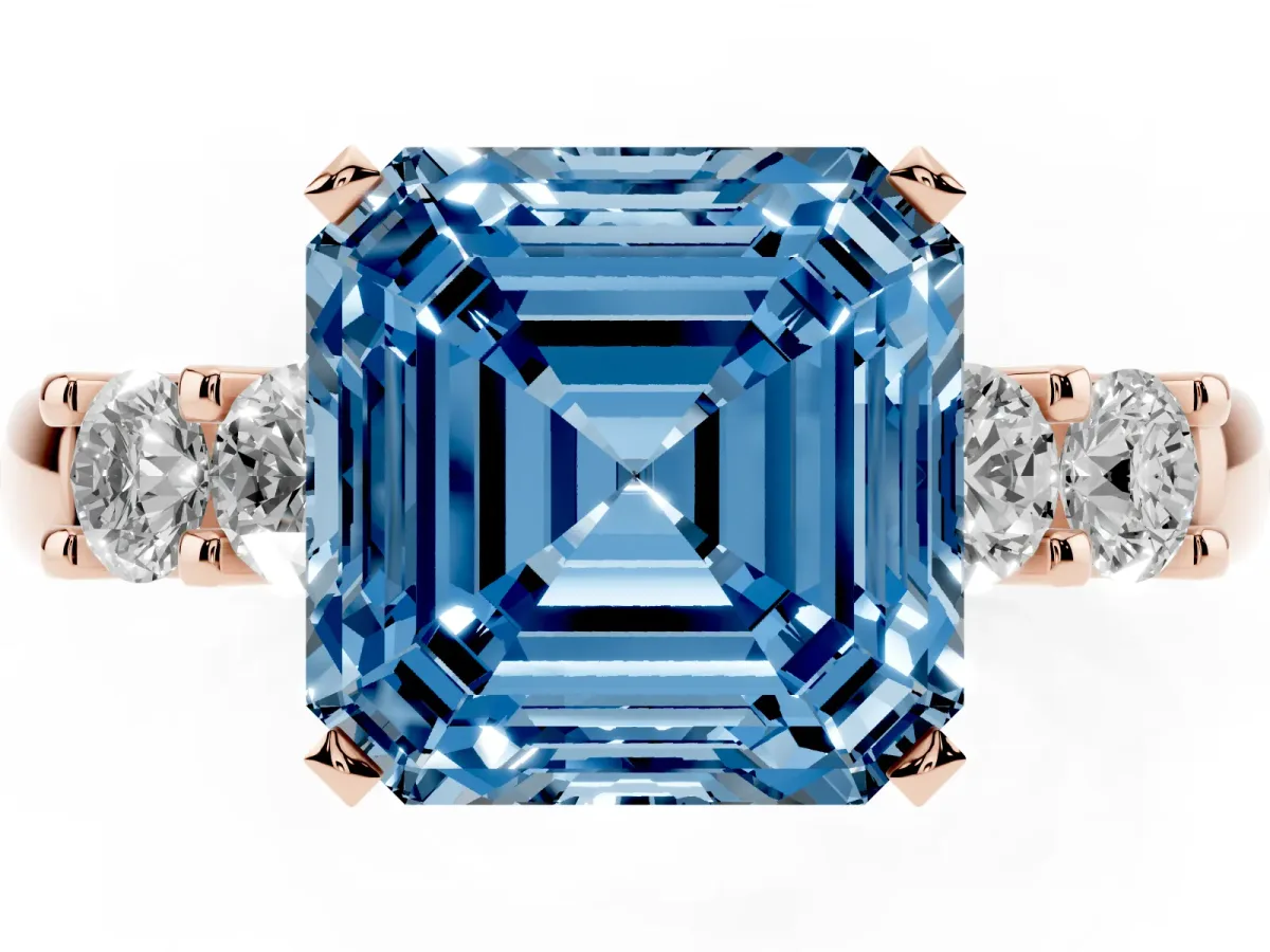 Fancy Blue Asscher Cut Brilliant Cut Diamond Five-Stone Prong Set Engagement Ring with Channel Band Rose gold