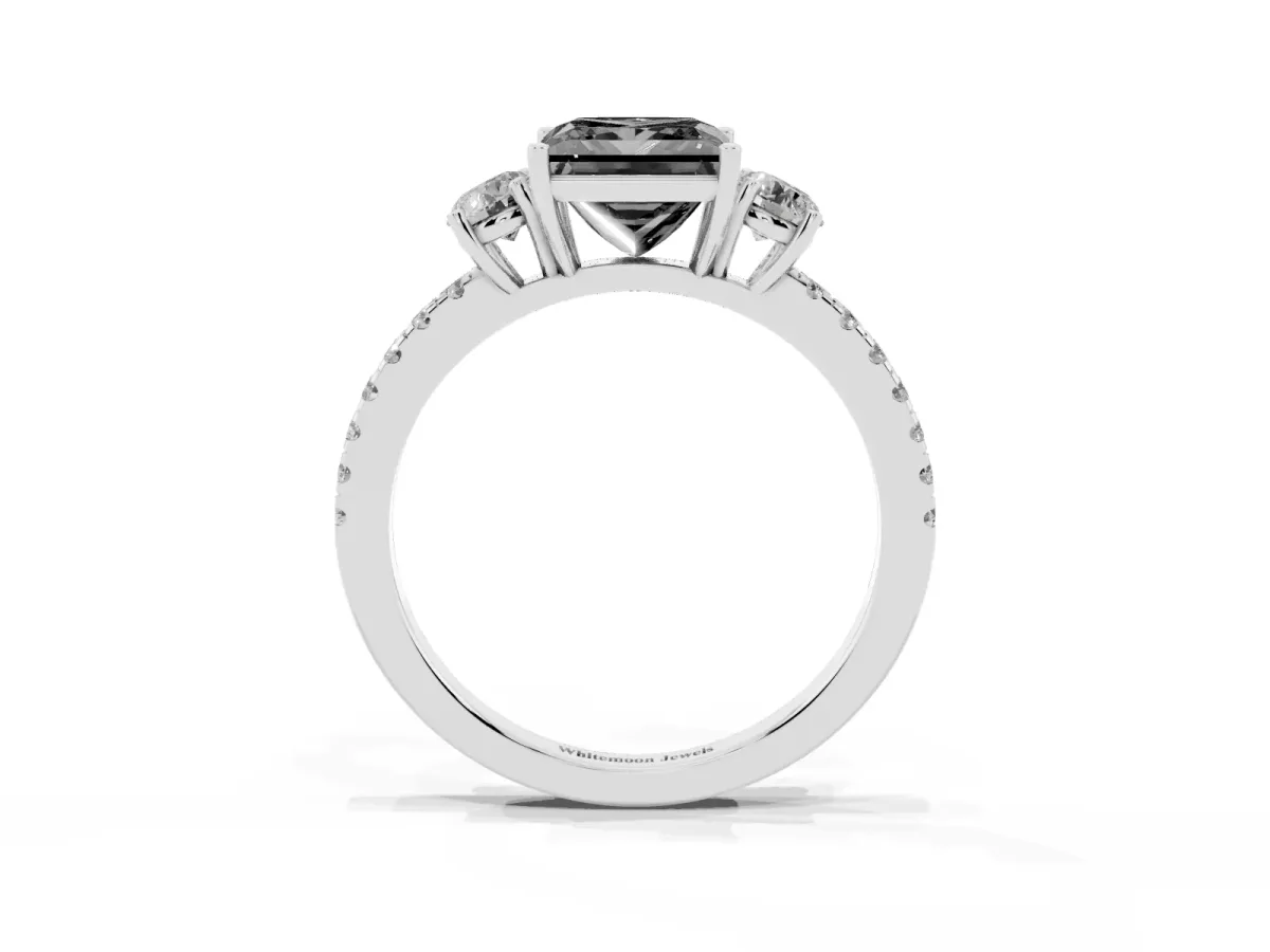 Fancy Black Three-Stone Princess Cut Cut Diamond Pavé Band with Prong Setting Silver