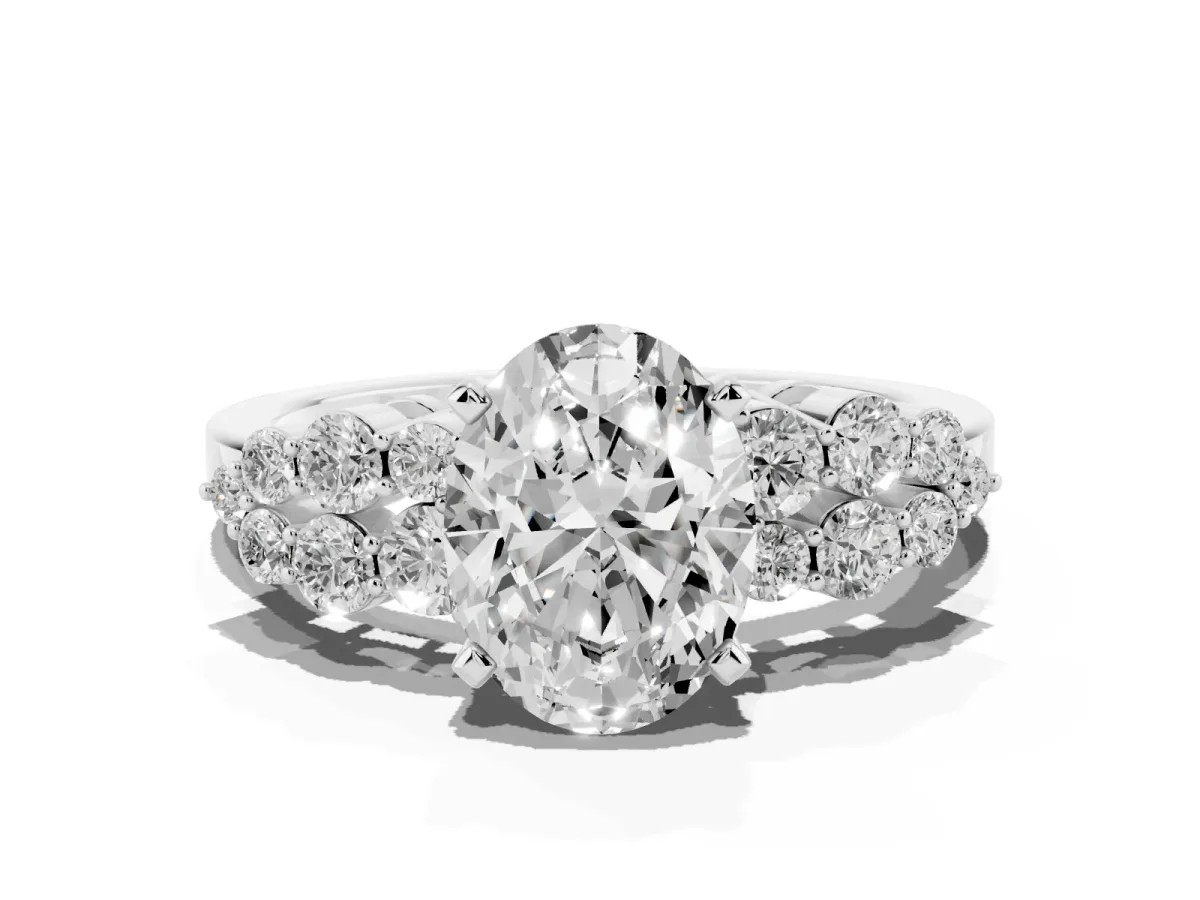 Oval Cut Cluster Diamond Engagement Ring with Pavé Band and Four-Prong Setting Silver