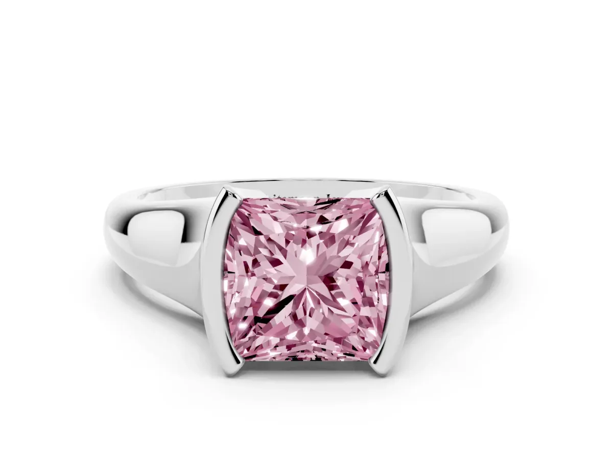 Fancy Pink Princess Cut Solitaire Tension Set Diamond Ring with Split Shank Band Platinum