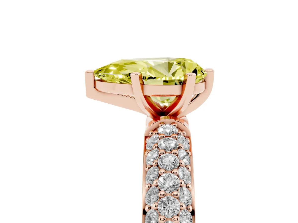 Fancy Yellow Pear Cut Diamond Solitaire Ring with Prong Setting and Pavé Band Rose gold