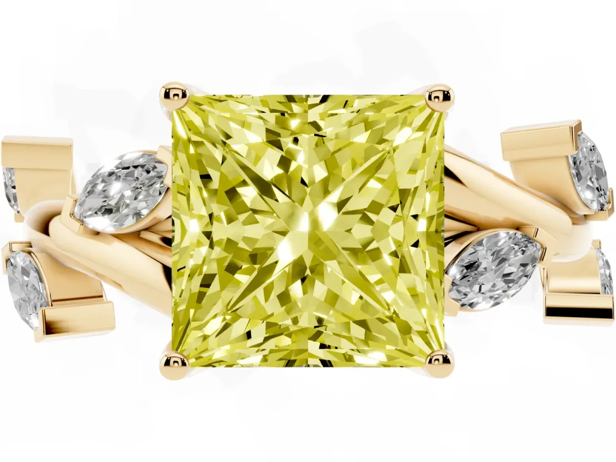 Fancy Yellow Princess Cut Solitaire Twisted Band Marquise Accent Prong Setting Ring Yellow gold