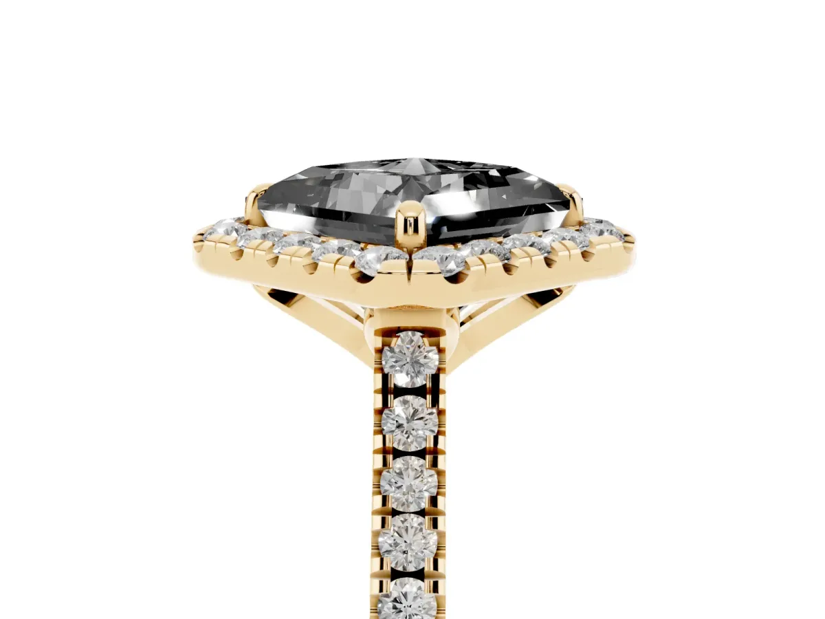 Fancy Black Princess Cut Diamond Cushion Halo Ring with Pavé Band Yellow gold