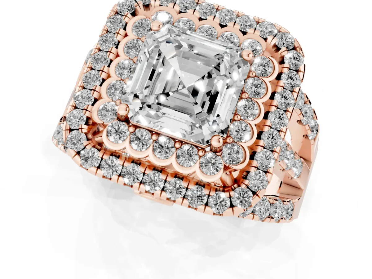 Asscher Cut Diamond Double Halo Ring with Round Pavé Split Shank and Prong Setting Rose gold