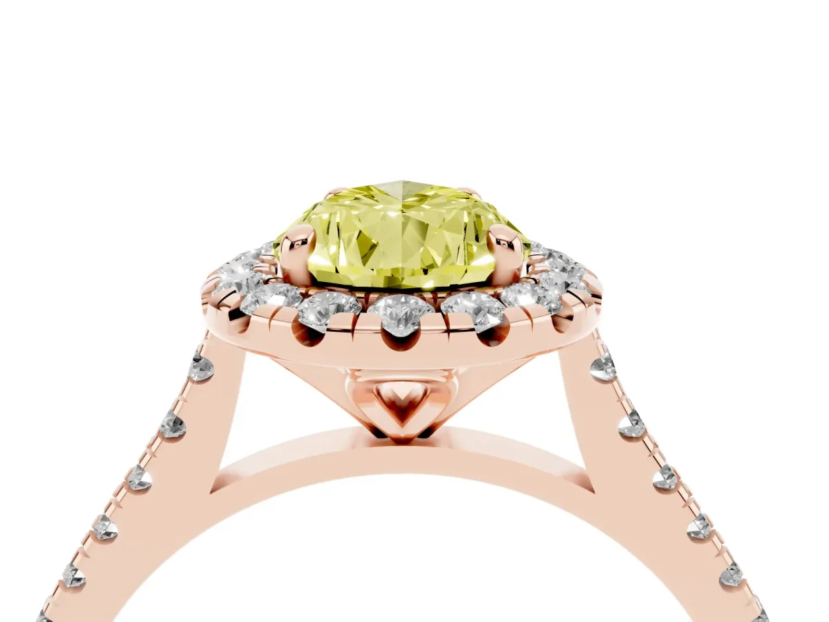 Fancy Yellow Pear Cut Diamond Cushion Halo Ring with Pavé Band Rose gold
