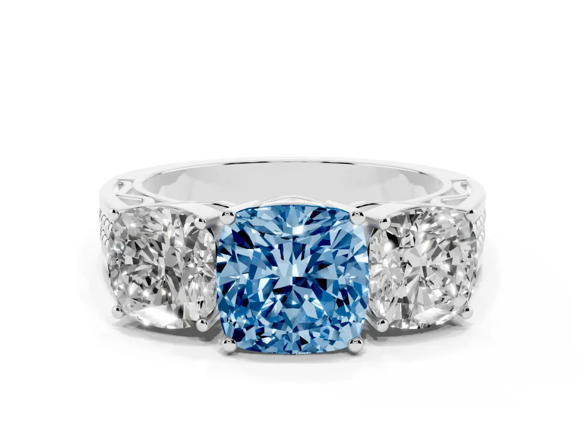 Fancy Blue Cushion Cut Diamond Three-Stone Ring with Prong Setting and Textured Band Platinum