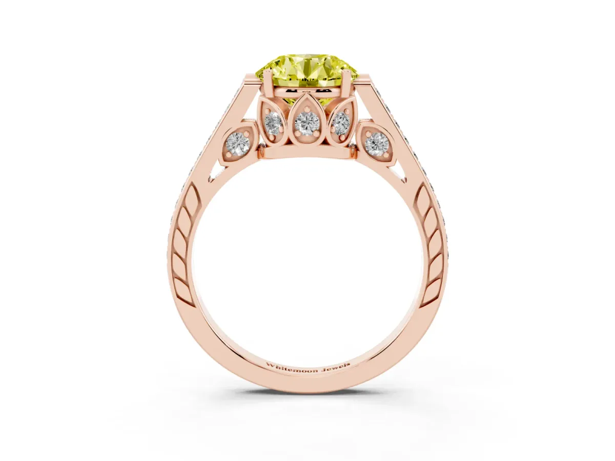 Fancy Yellow Round Cut Cut Cathedral Pave Diamond Engagement Ring with Six-Prong Setting Rose gold