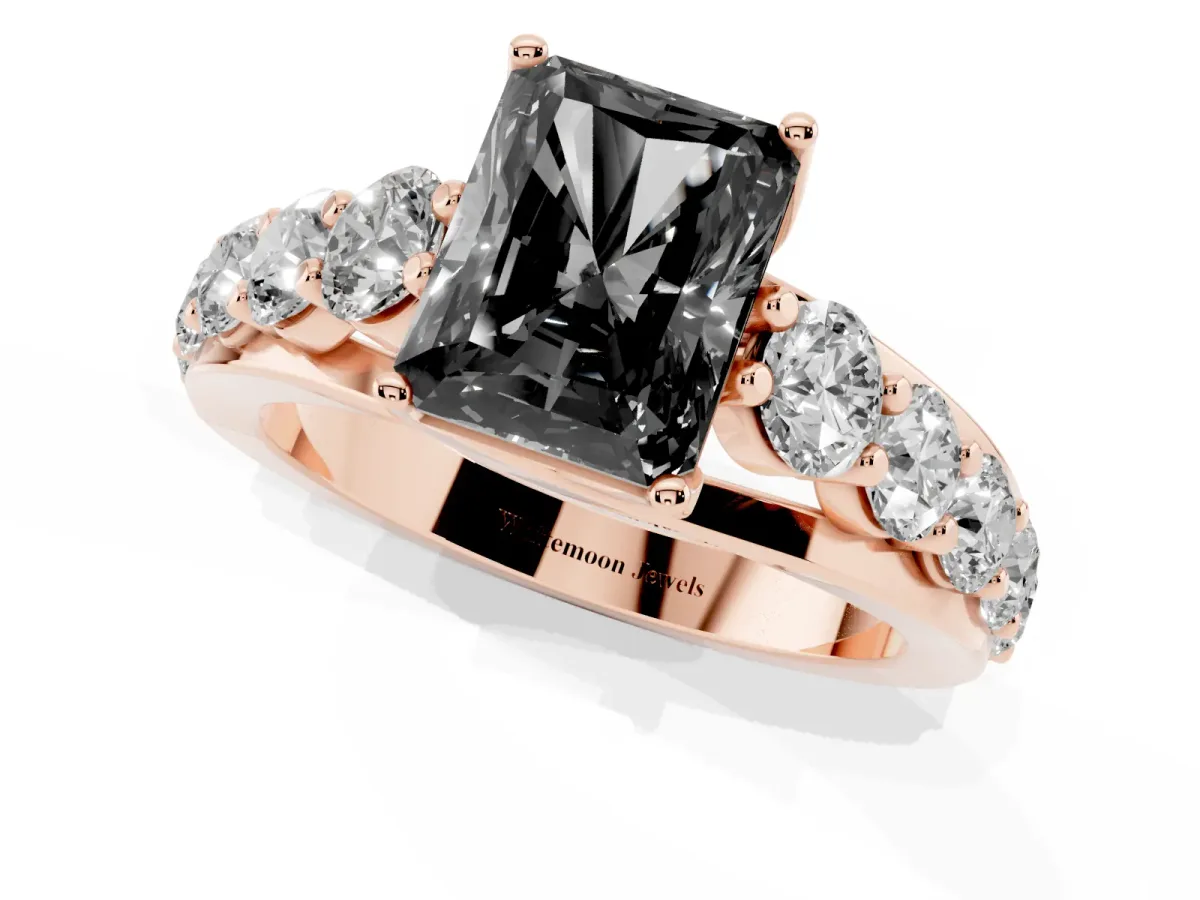 Fancy Black Radiant Cut Diamond Engagement Ring with Pavé Band and Four-Prong Setting Rose gold
