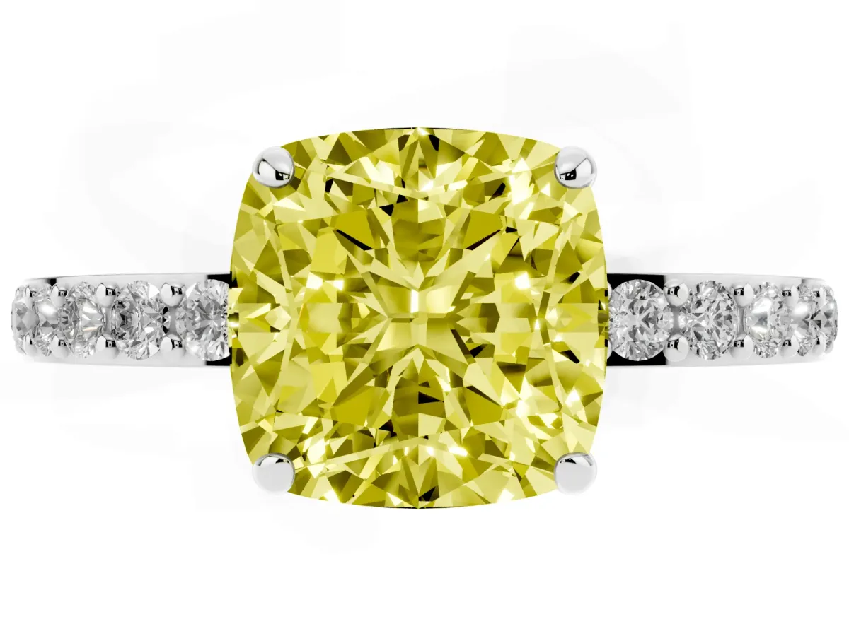 Fancy Yellow Cushion Cut Diamond Solitaire Engagement Ring with Pavé Band and Four-Prong Setting White gold