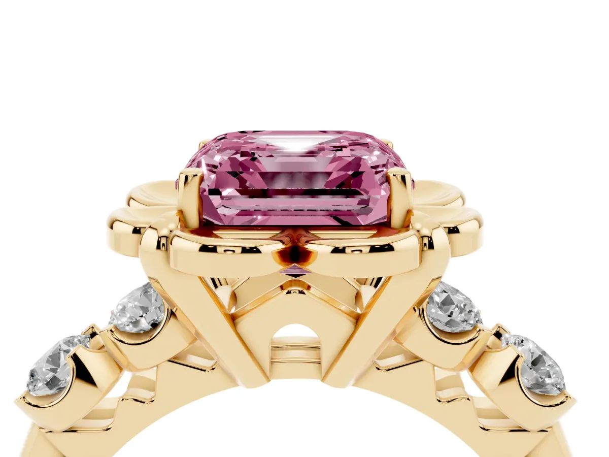 Fancy Pink Asscher Cut Cut Diamond Floral Halo Engagement Ring with Shared Prong Setting Yellow gold