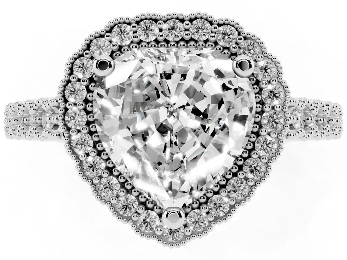 Heart Cut Cut Halo Pavé Solitaire Ring with Milgrain Band Platinum