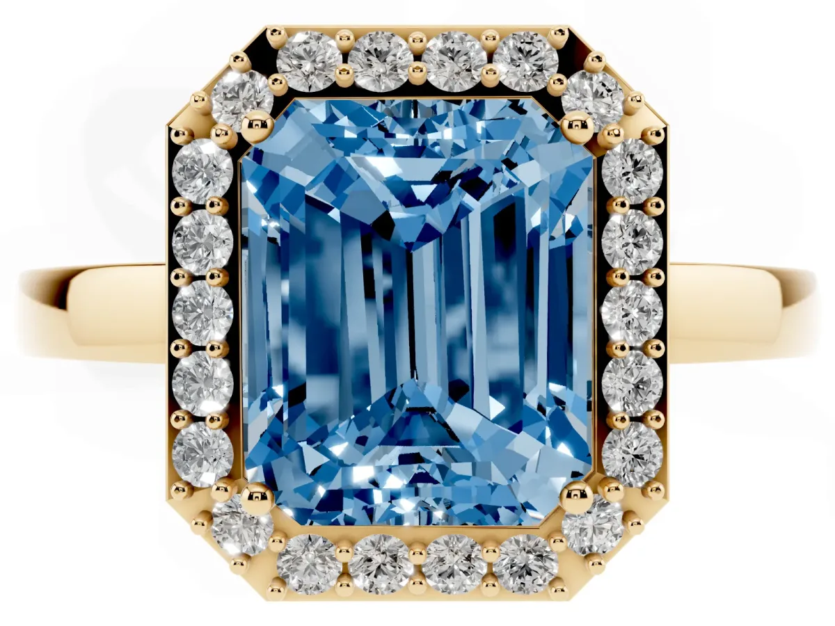 Fancy Blue Radiant Cut Halo Diamond Ring with Solitaire Band and Prong Setting Yellow gold