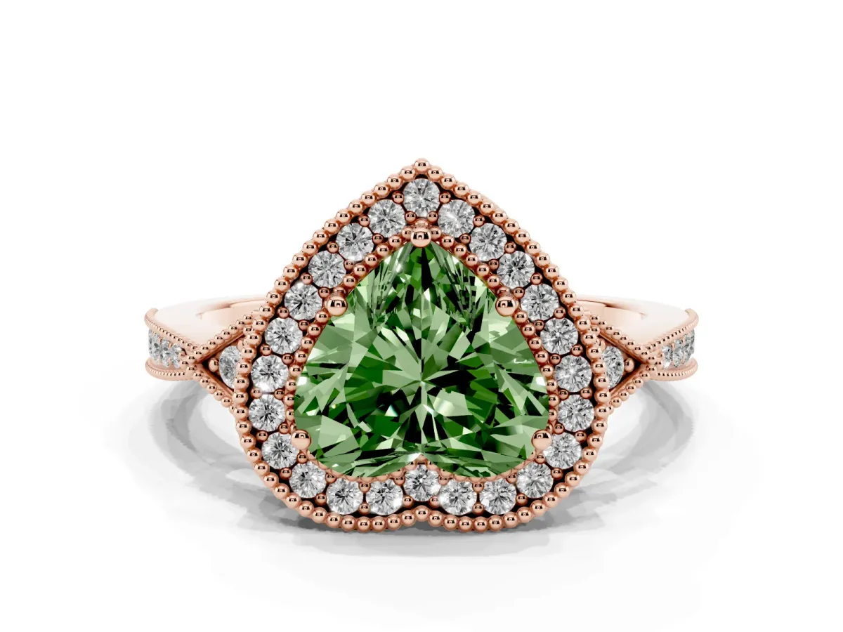 Fancy Green Heart Cut Halo Round Diamond Milgrain Pave Engagement Ring Rose gold