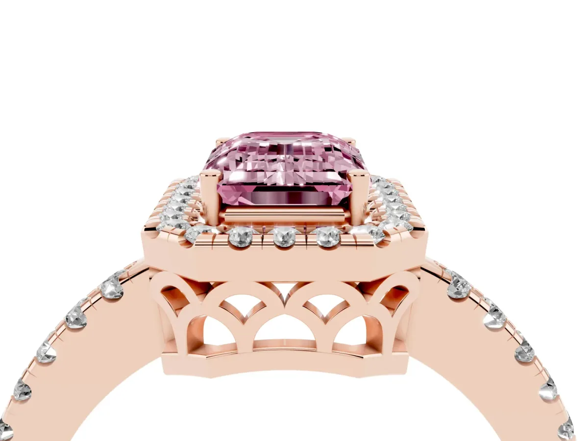 Fancy Pink Emerald Cut Halo Diamond Engagement Ring with Pavé Band and Four-Prong Setting Rose gold