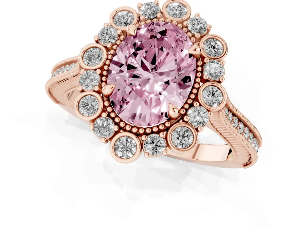 Fancy Pink Oval Cut Halo Milgrain Pave Diamond Ring with Four-Prong Setting Rose gold
