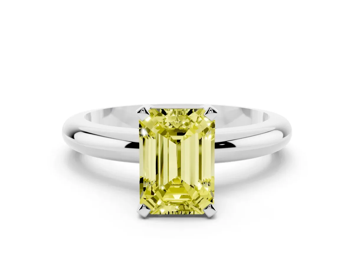 Fancy Yellow Emerald Cut Diamond Solitaire Engagement Ring with Round Band and Four-Prong Setting White gold