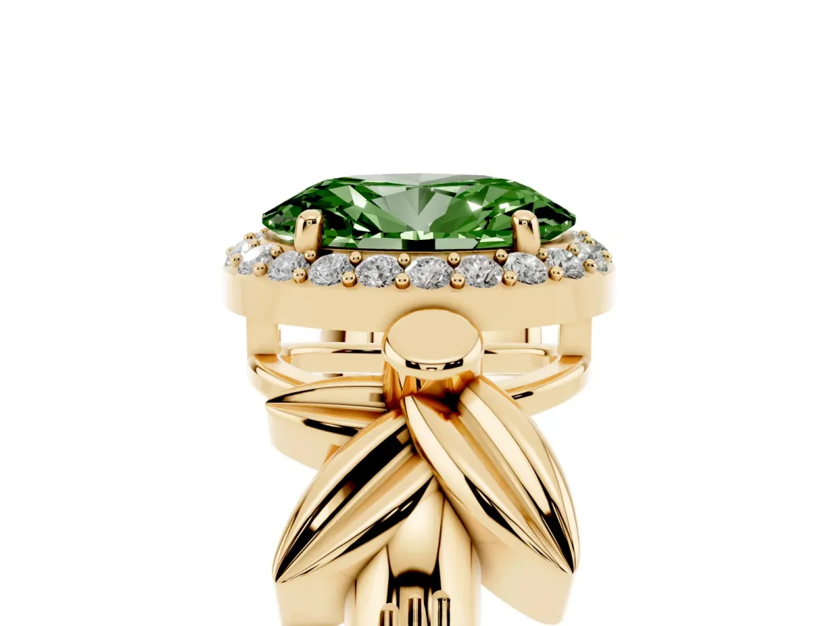 Fancy Green Oval Cut Halo Diamond Floral Band with Four-Prong Setting Yellow gold