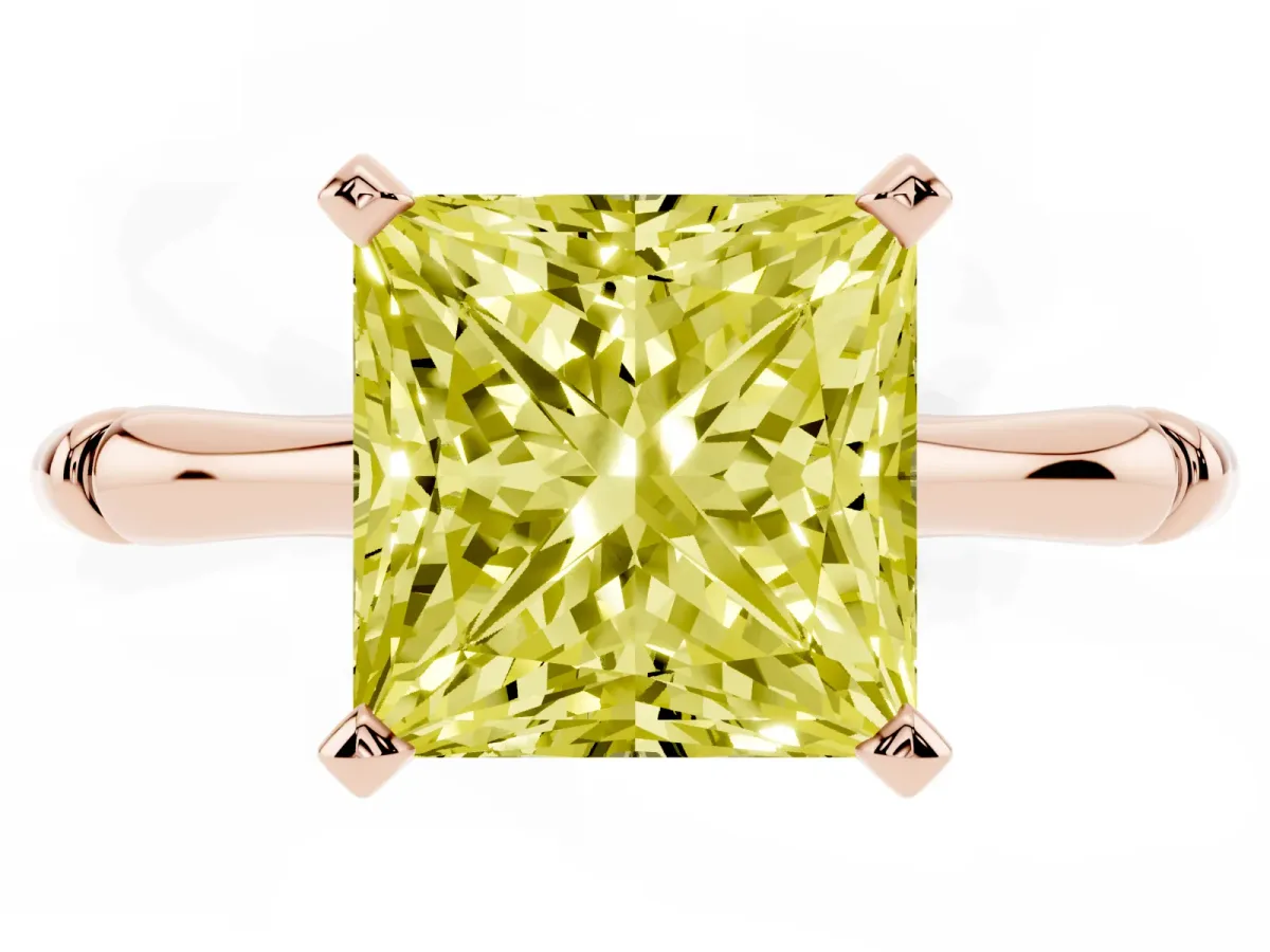 Fancy Yellow Princess Cut Solitaire Diamond Ring with Bamboo Band and Four-Prong Setting Rose gold