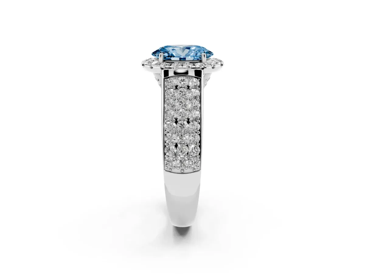 Fancy Blue Oval Cut Halo Round Diamond Pave Band with Prong Setting White gold