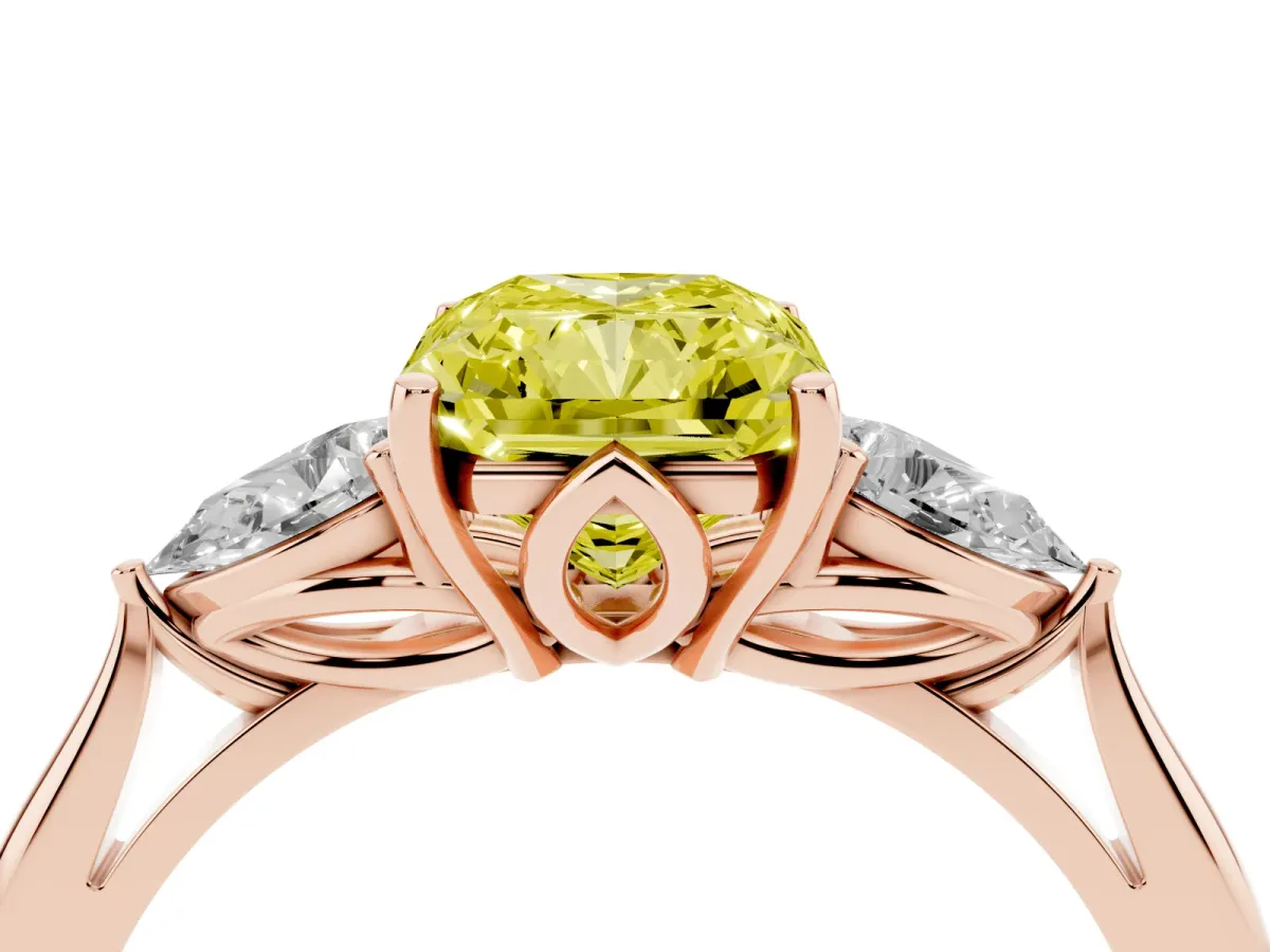 Fancy Yellow Three-Stone Radiant Cut Brilliant Diamond Solitaire Ring with Tapered Band and Four-Prong Setting Rose gold