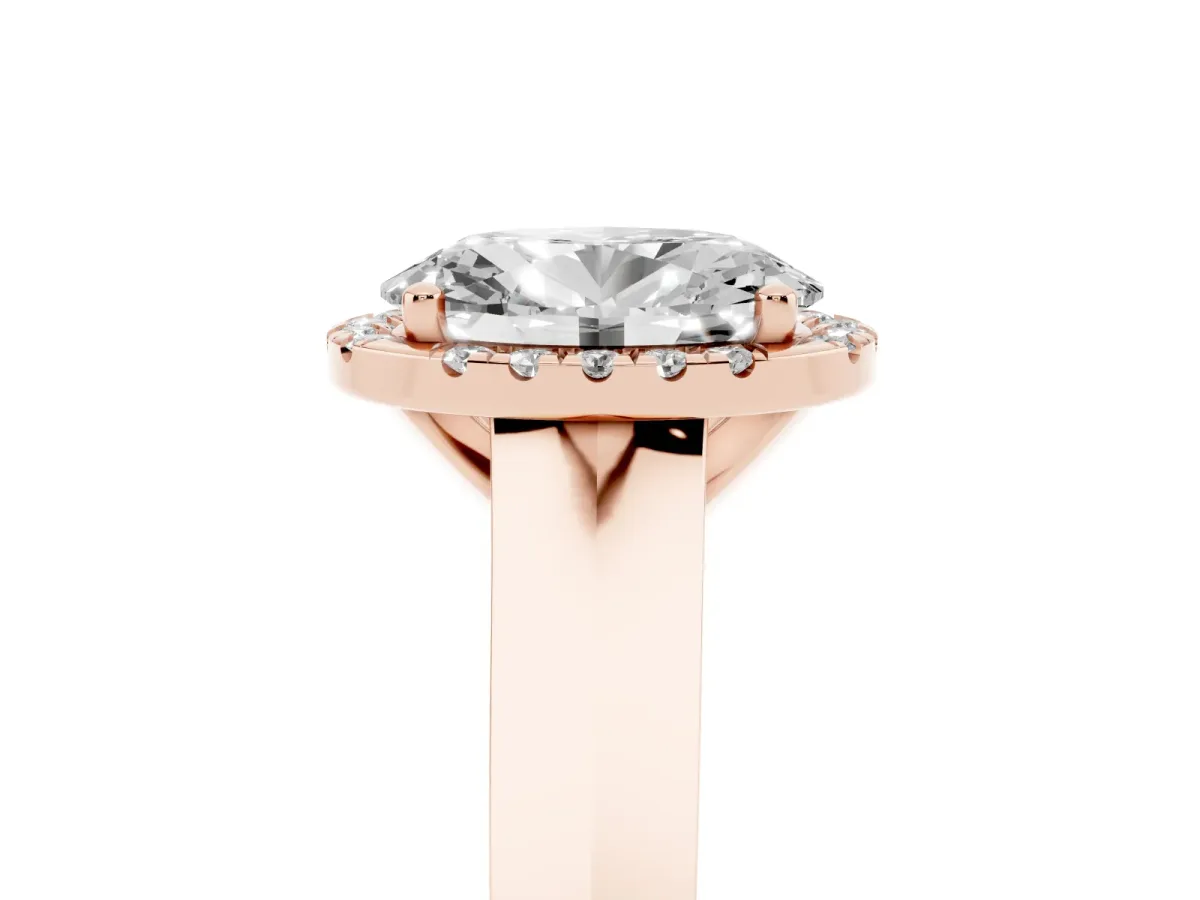 Oval Cut Halo Diamond Ring with Cathedral Band and Four-Prong Setting Rose gold