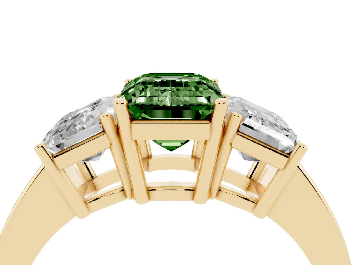 Fancy Green Three-Stone Emerald Cut Cut Diamond Engagement Ring with Flat Band and Four-Prong Setting Yellow gold
