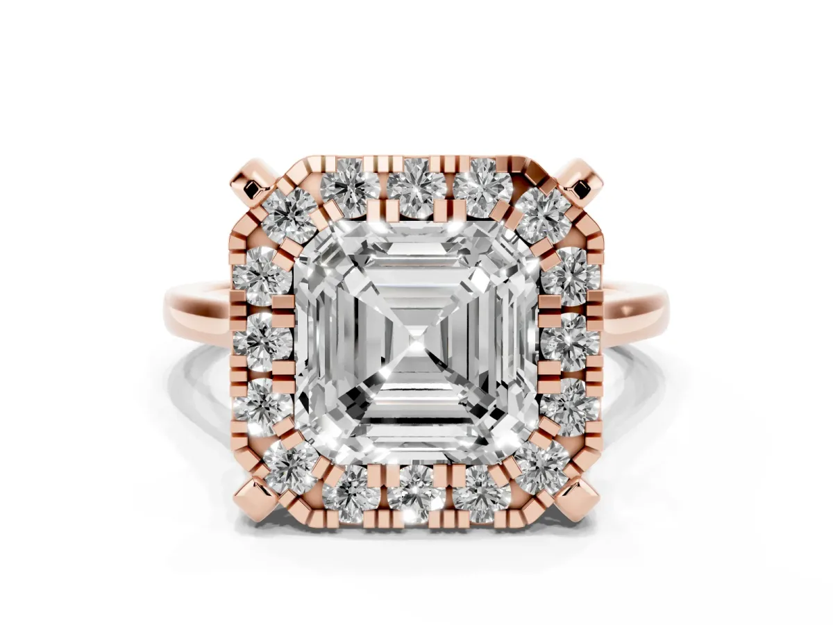 Asscher Cut Diamond Cluster Halo Solitaire with Four-Prong Setting Rose gold