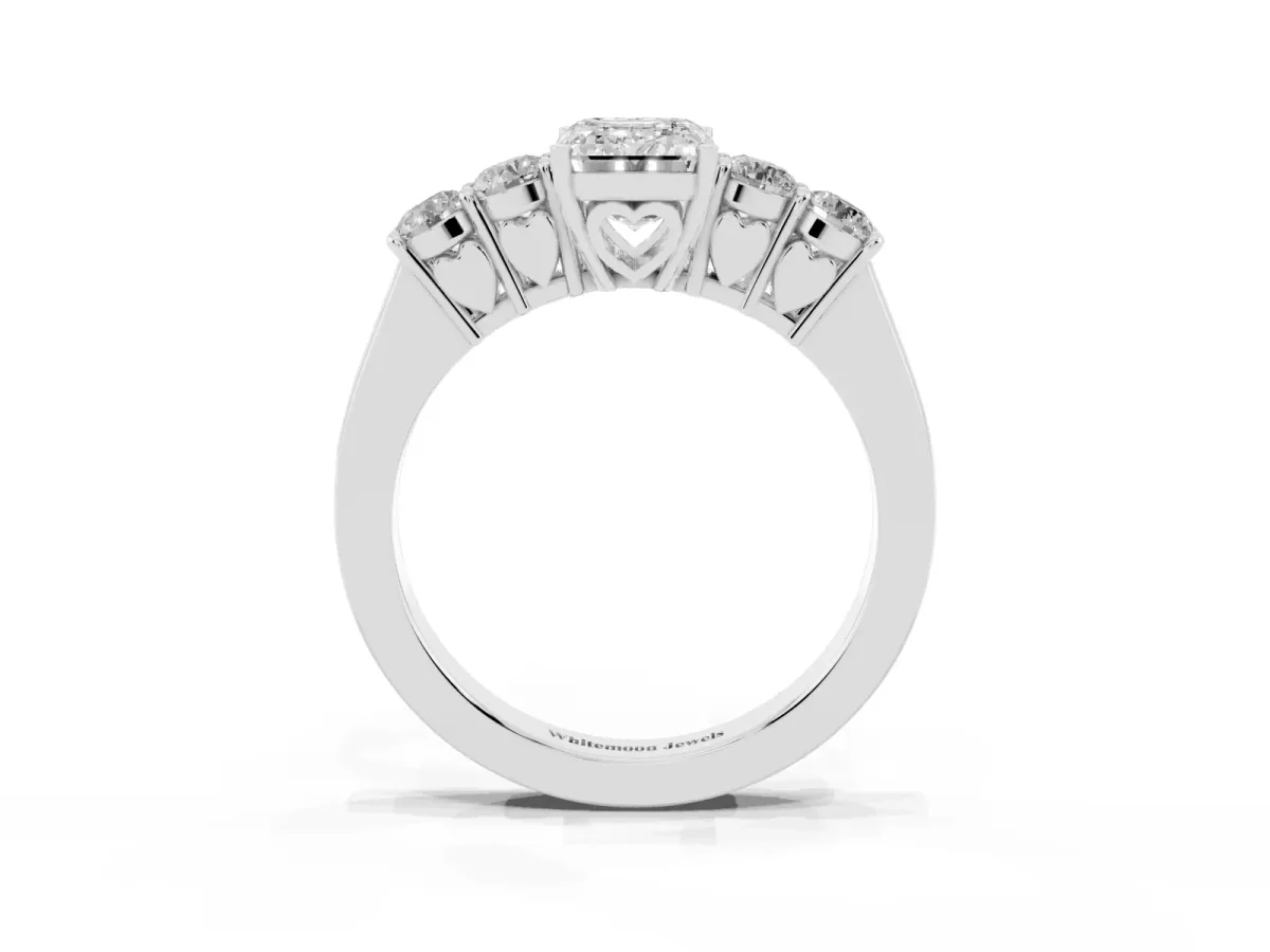 Emerald Cut Cut Diamond Five-Stone Prong Set White Gold Ring Silver