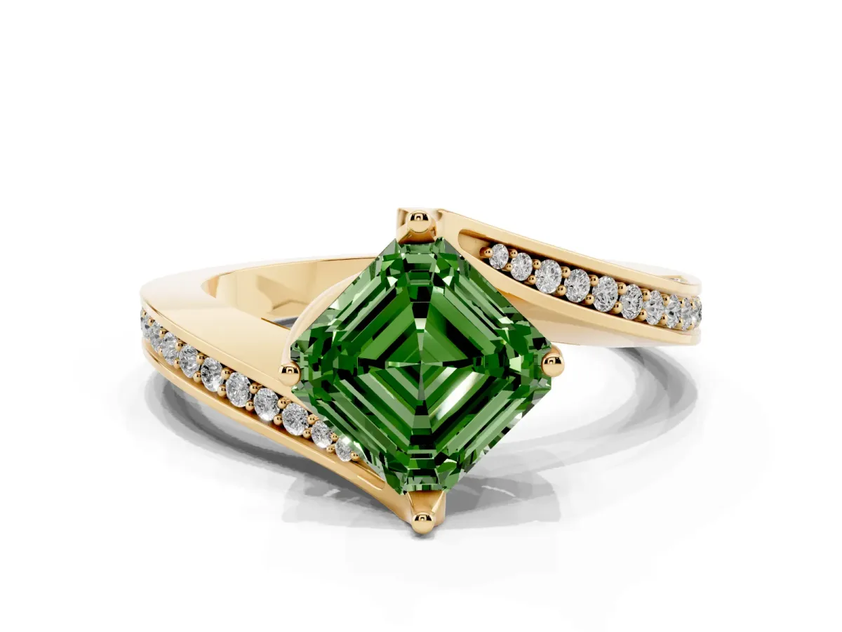 Fancy Green Asscher Cut Solitaire Diamond Twist Band with Pavé Setting and Four-Prong Setting Yellow gold