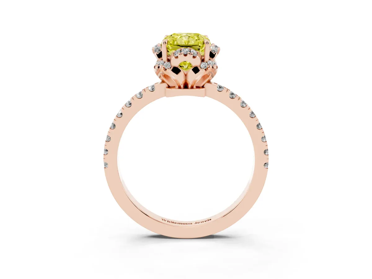 Fancy Yellow Radiant Cut Diamond Halo Pave Band with Four-Prong Setting Rose gold