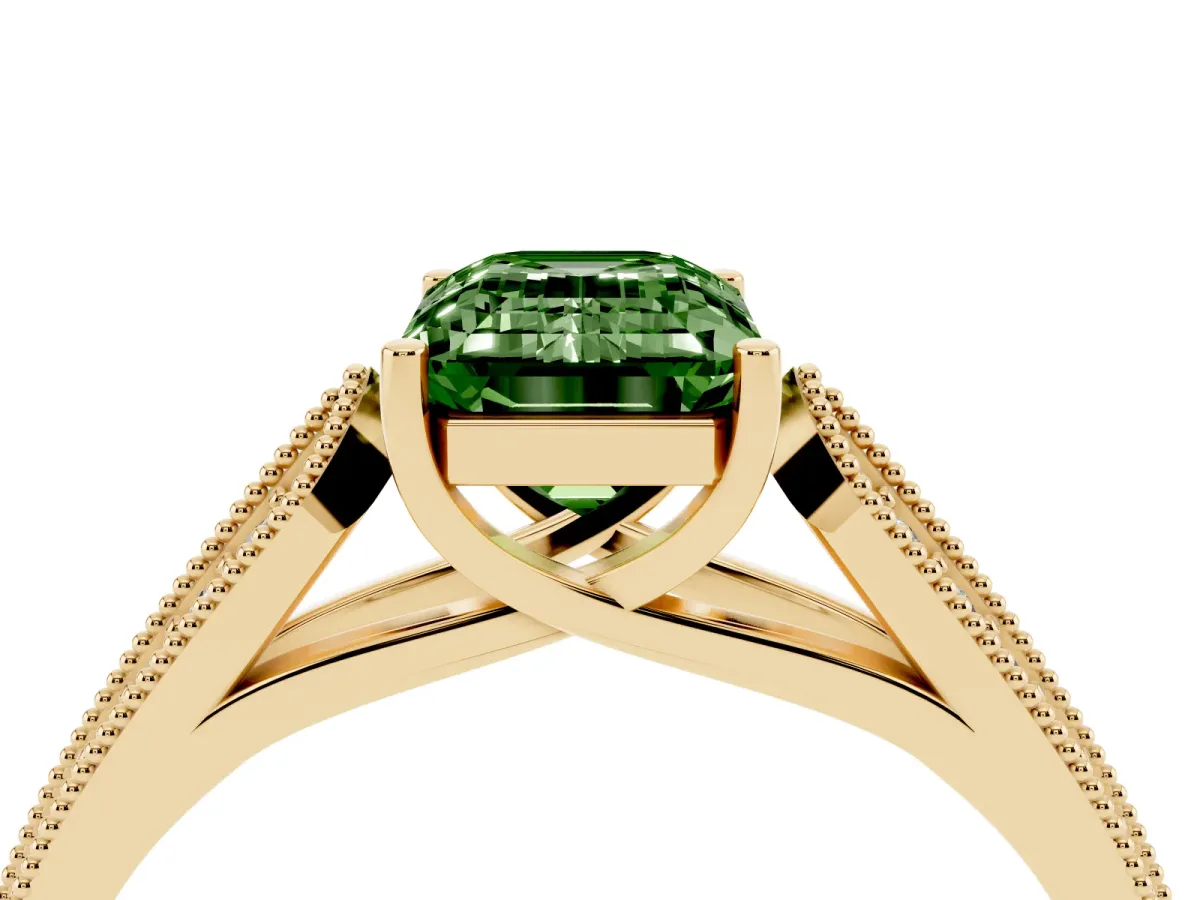 Fancy Green Emerald Cut Cut Pave Split Shank Engagement Ring with Four-Prong Setting Yellow gold