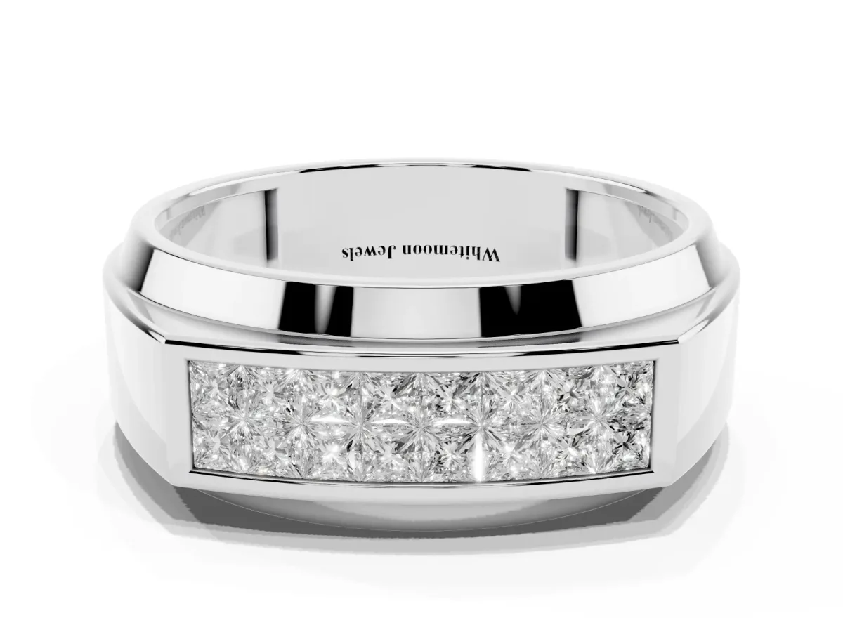 Princess Diamond Pavé Panel Mens Band Silver