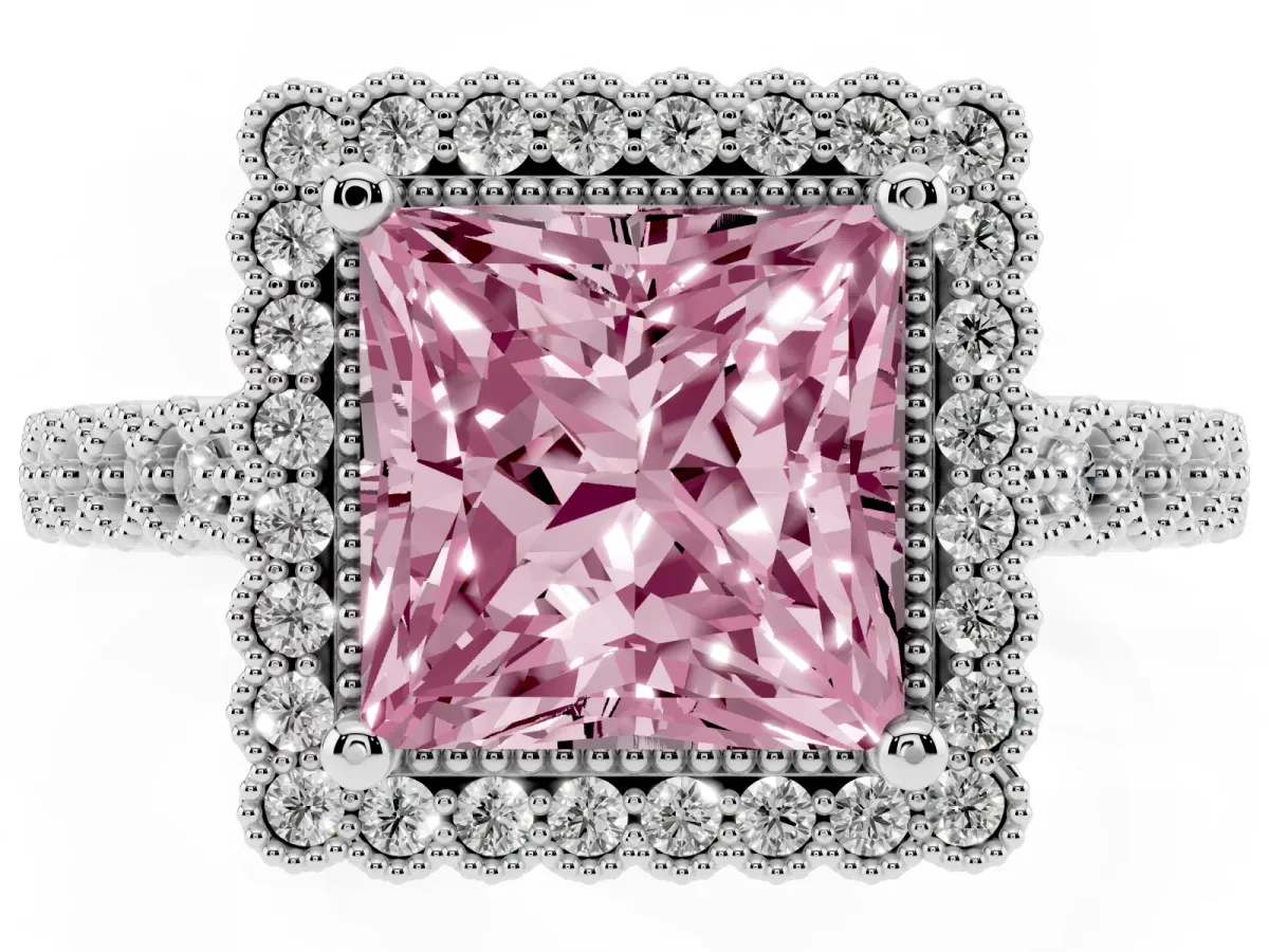 Fancy Pink Princess Cut Cut Halo Pavé Solitaire Ring with Milgrain Band White gold