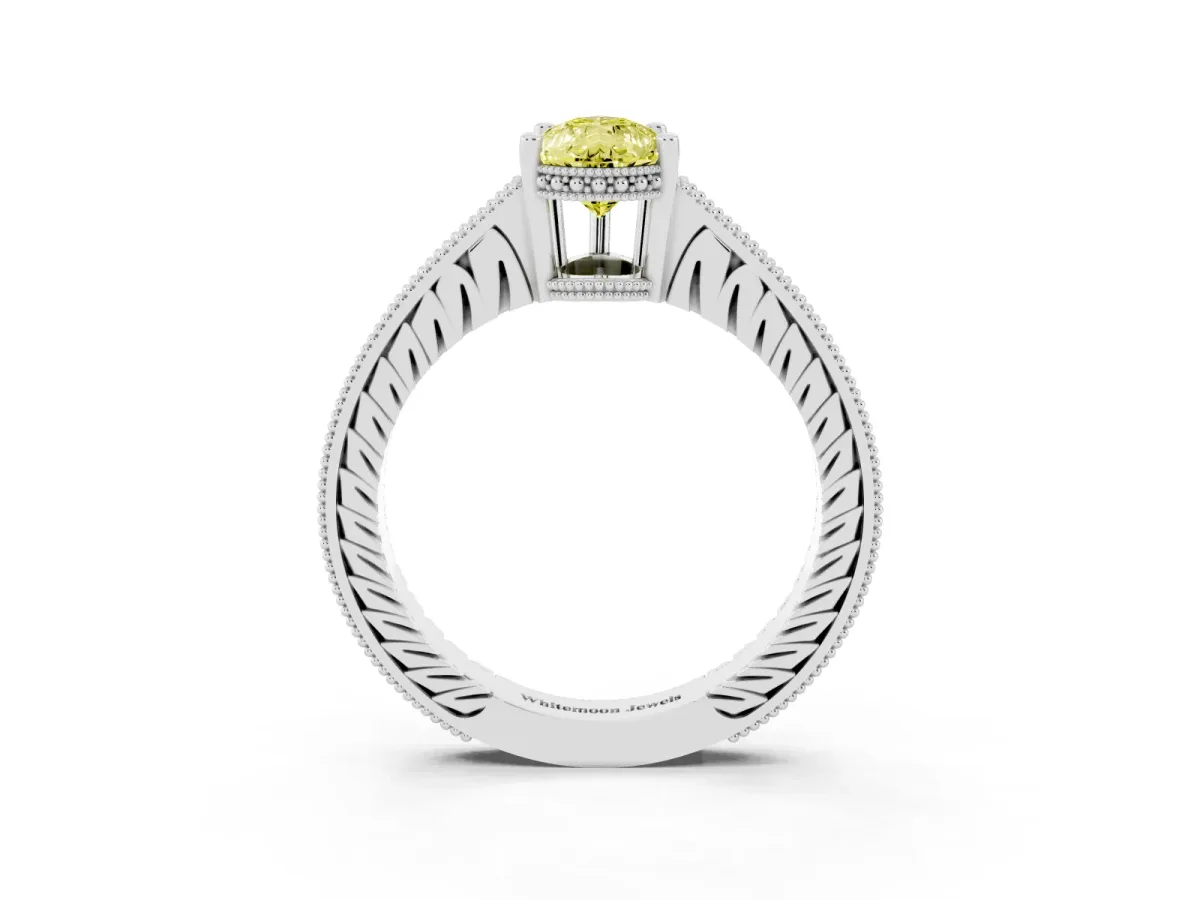 Fancy Yellow Pear Cut Solitaire Pavé Diamond Milgrain Engagement Ring with Four-Prong Setting Silver