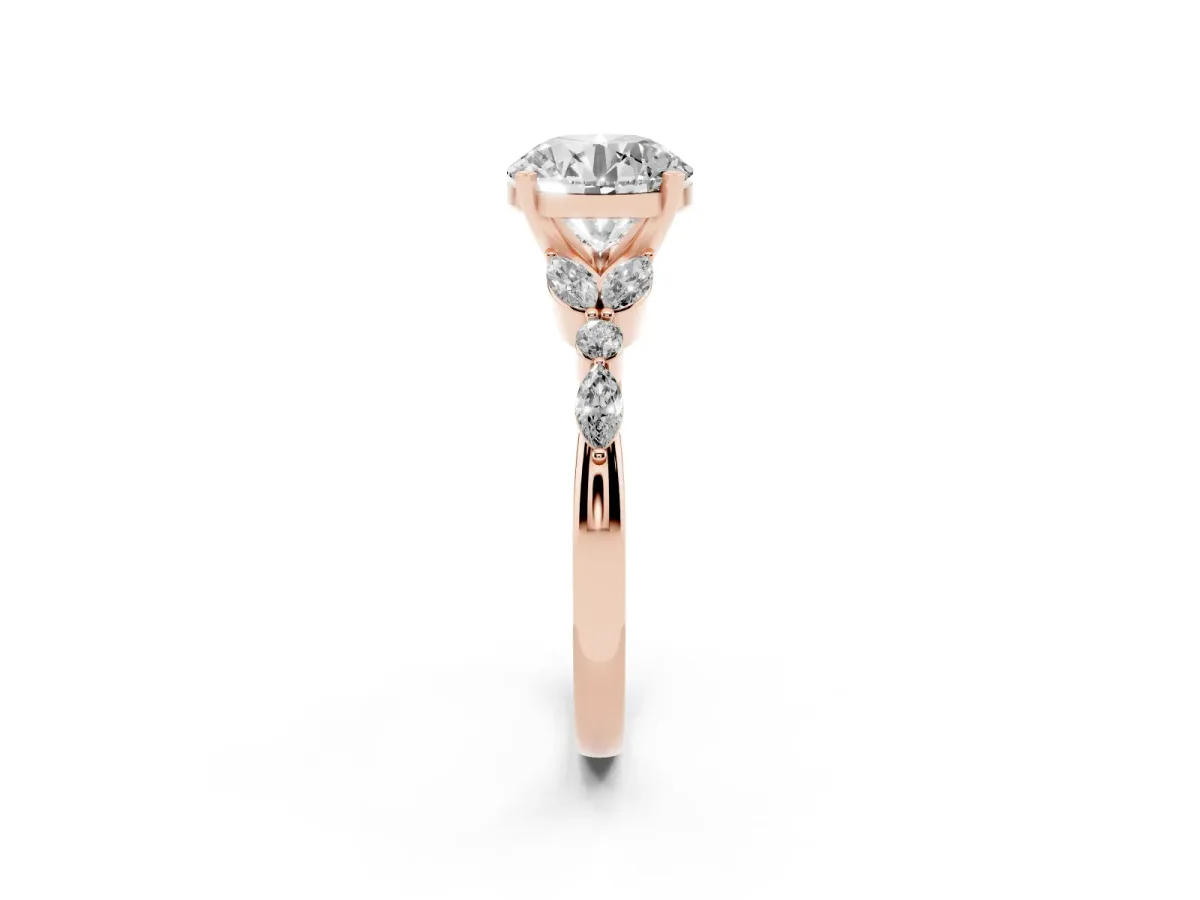 Round Cut Diamond Solitaire Ring with Side Stones and Four-Prong Setting Rose gold