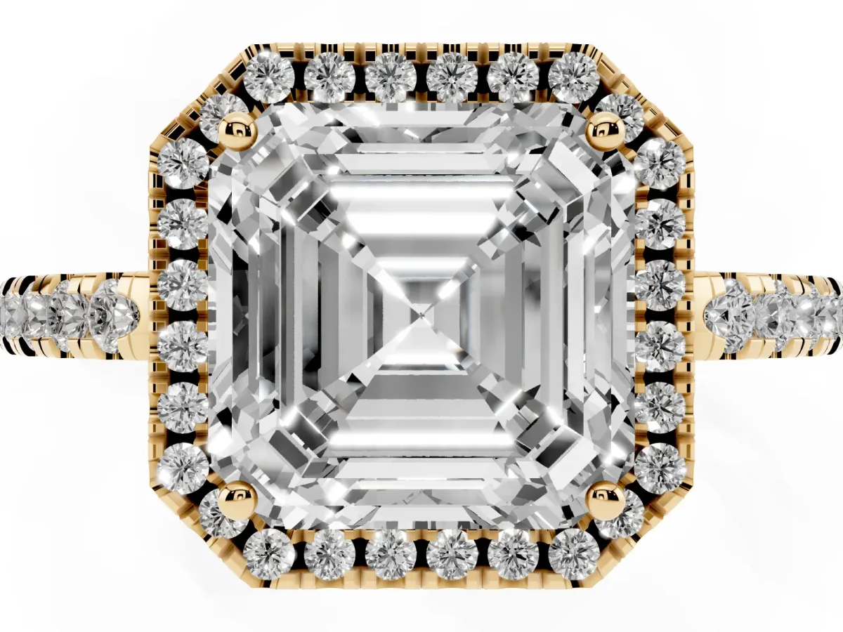 Asscher Cut Halo Diamond Engagement Ring with Pavé Band and Four-Prong Setting Yellow gold