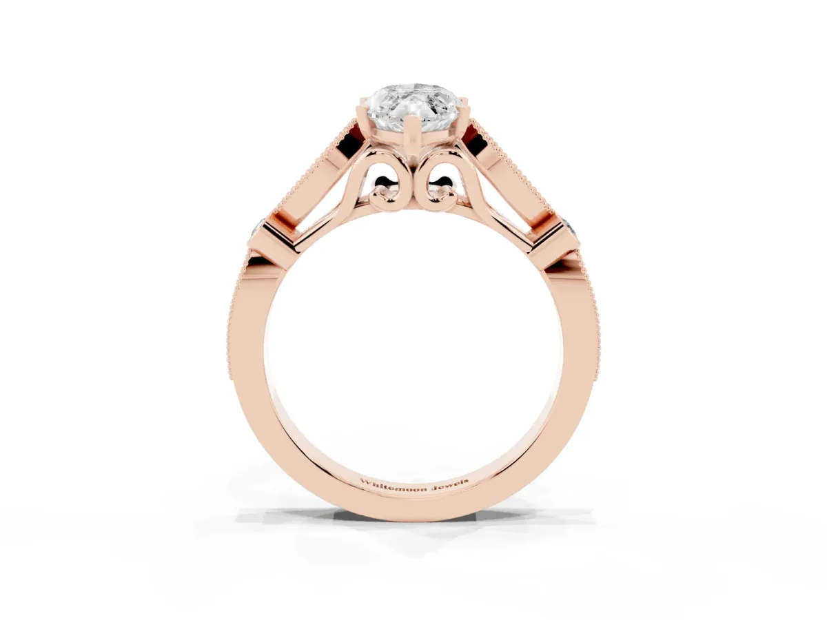 Marquise Cut Cut Diamond with Milgrain Marquise and Bezel Accents on a Solitaire Band with Prong Setting Rose gold