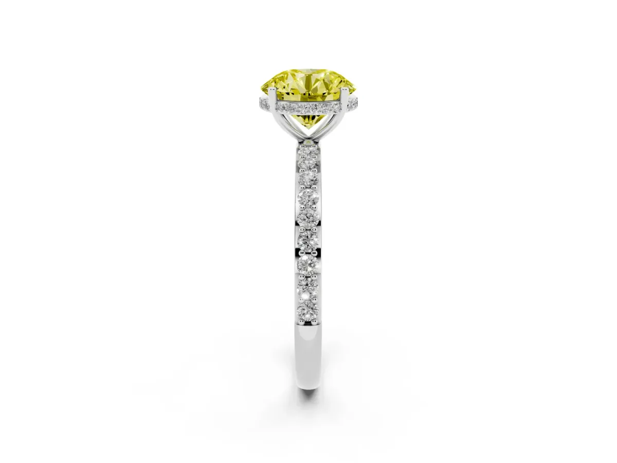 Fancy Yellow Round Cut Diamond Solitaire Ring with Pavé Band and Hidden Halo Silver