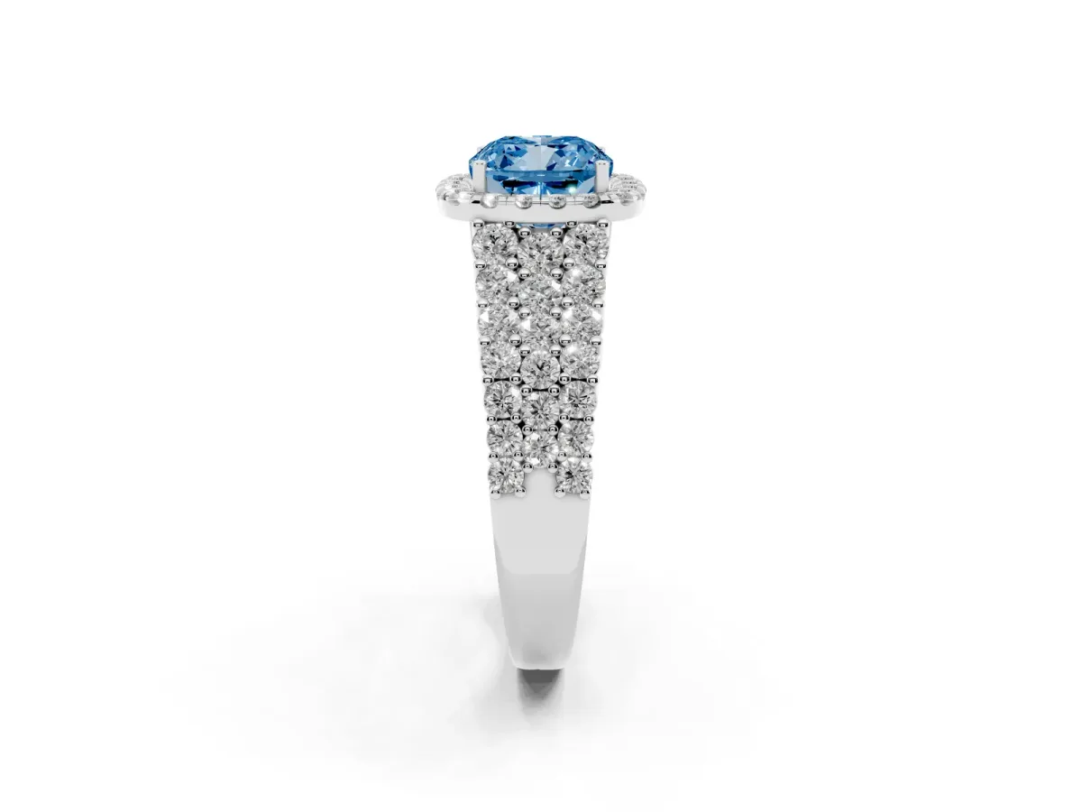 Fancy Blue Cushion Cut Diamond Halo Engagement Ring with Triple Row Round Pavé Band and Prong Setting Silver