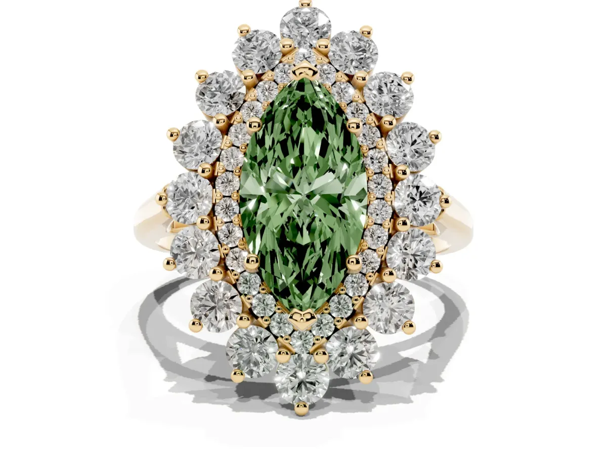 Fancy Green Marquise Cut Diamond Floral Double Halo Engagement Ring with Prong Setting Yellow gold