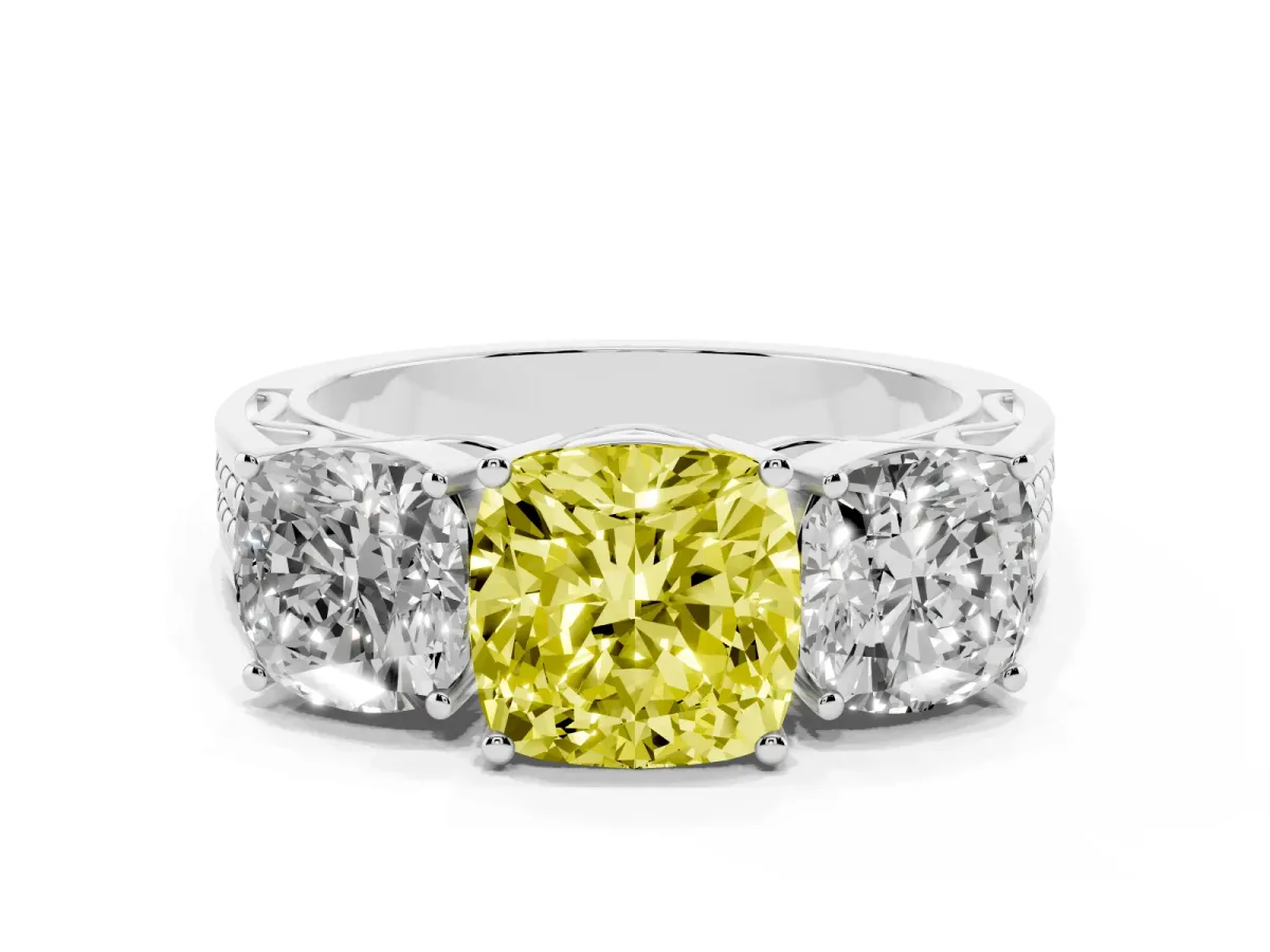 Fancy Yellow Cushion Cut Diamond Three-Stone Ring with Prong Setting and Textured Band Silver